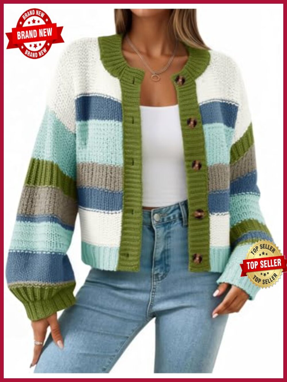 Oversized Striped Chunky Cardigan Button Down Lantern Sleeve Knit Sweater